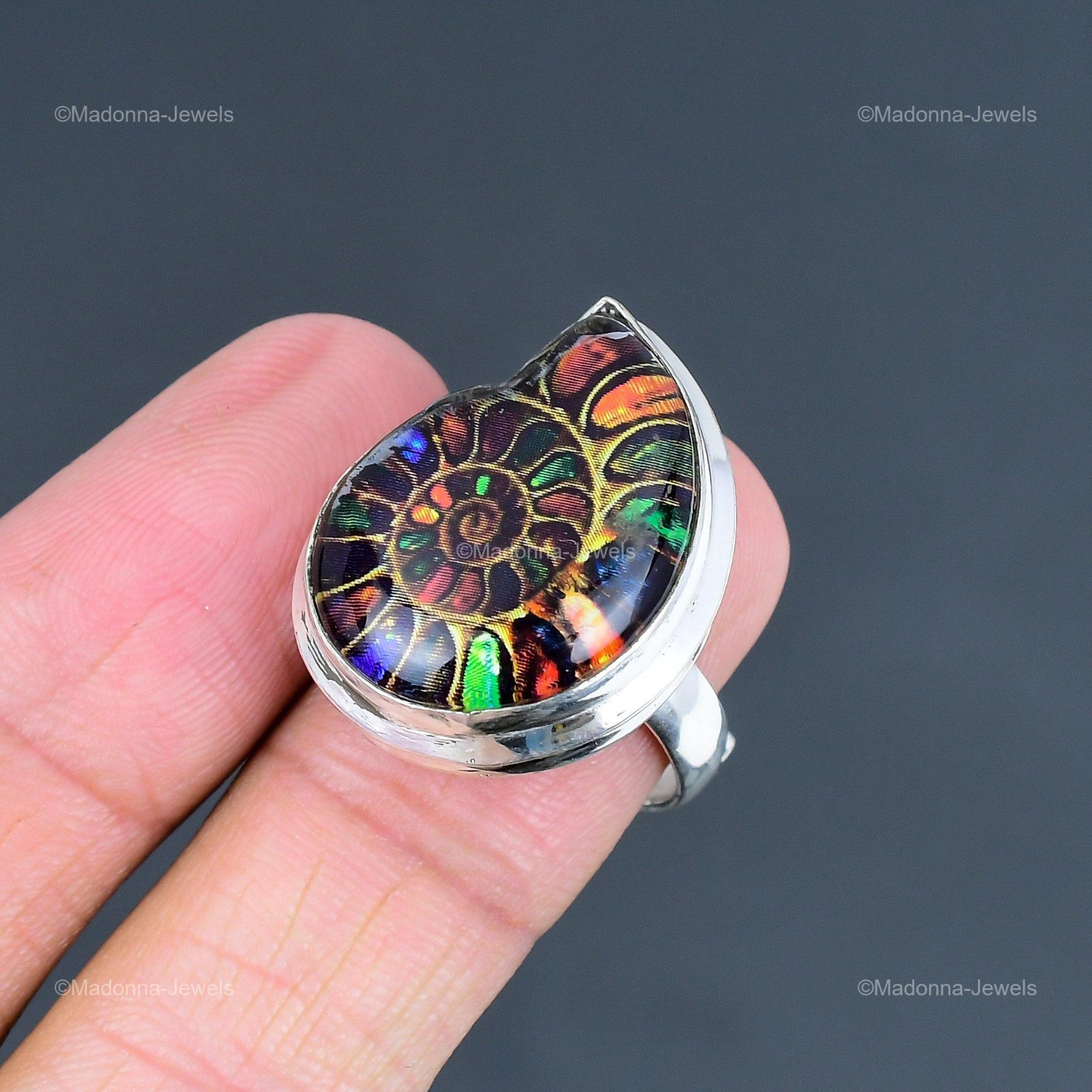 925 Sterling Silver Multi Shade Ammonite Fossil Gemstone Solitaire Ring Jewelry