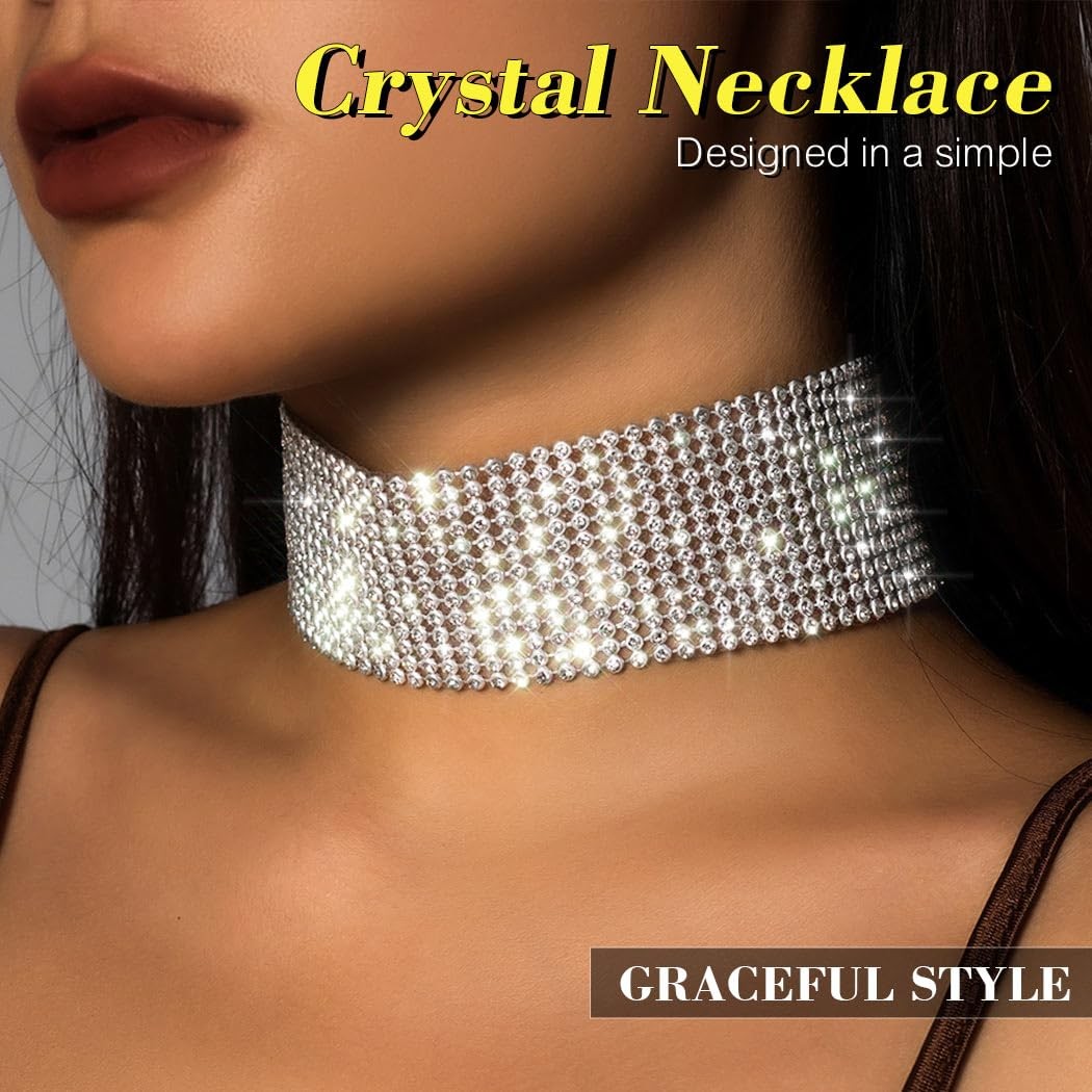Rhinestone Necklace Jewelry Silver Crystal Wide Choker Necklace Sparkly Collar N