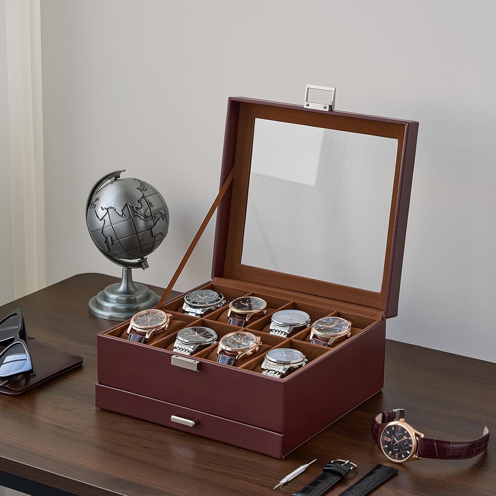 Watch Storage Box with Drawer, 8 Slot Leather Watch Case Organizer for Men