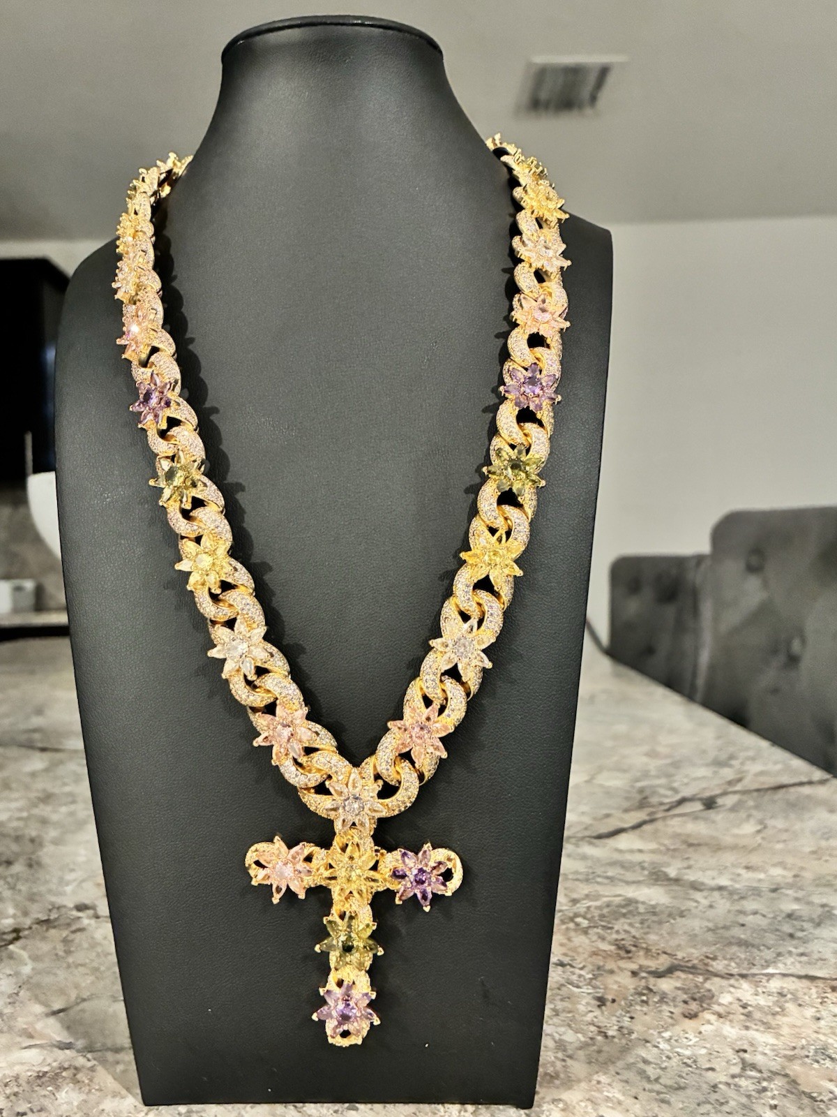 Yellow Gold Plated Cross Silver Cross Purple Yellow Pink Flowers Chain Necklace