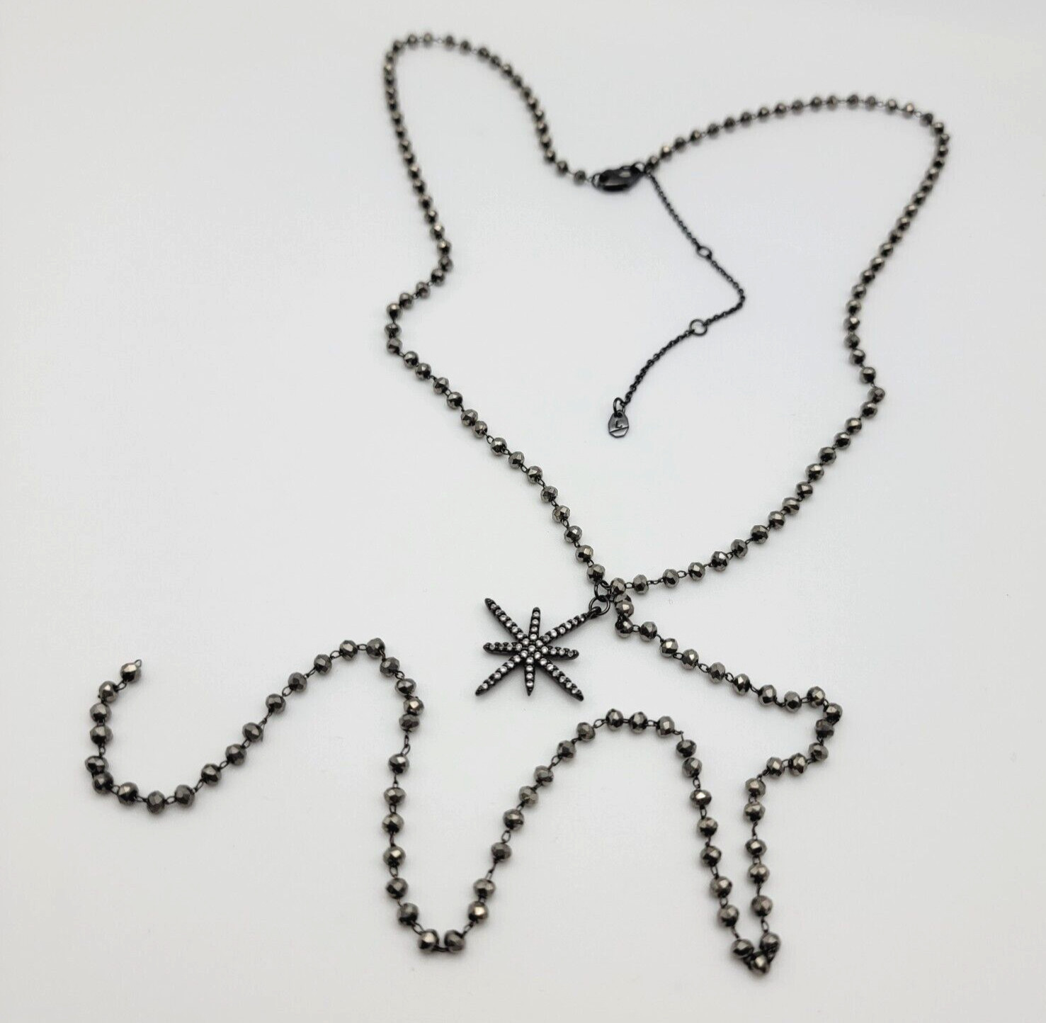 Gunmetal And Clear Crystal Starburst Charm Y-Drop Neckace 22.5 in Signed L