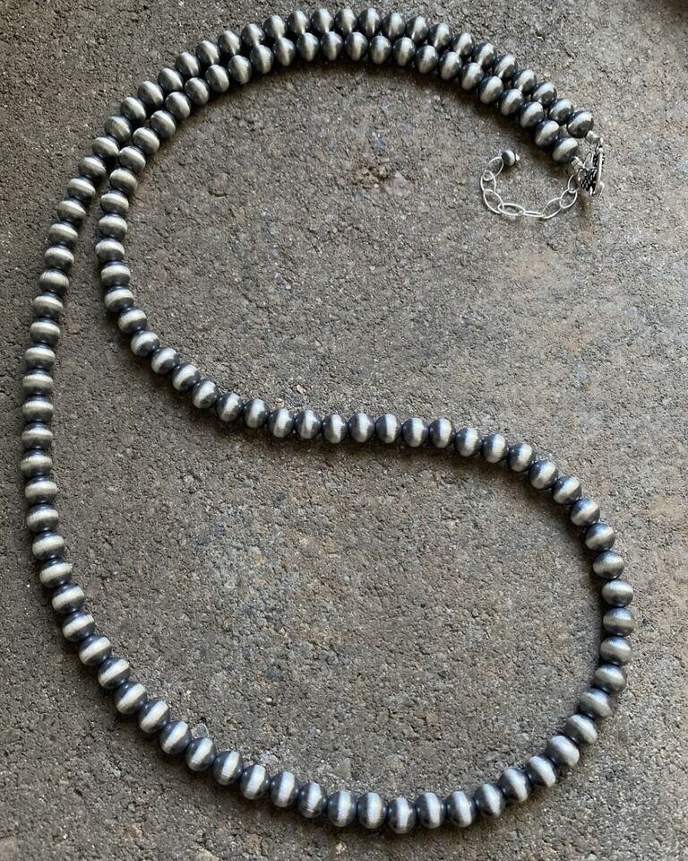 7mm 30 Inch 925 Sterling Silver Oxidized Pearls Bead Necklace Southwestern