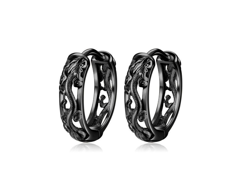 Punk Dragon Hollow Small Hoop Earrings Silver Black Filigree Huggie Women Men AF