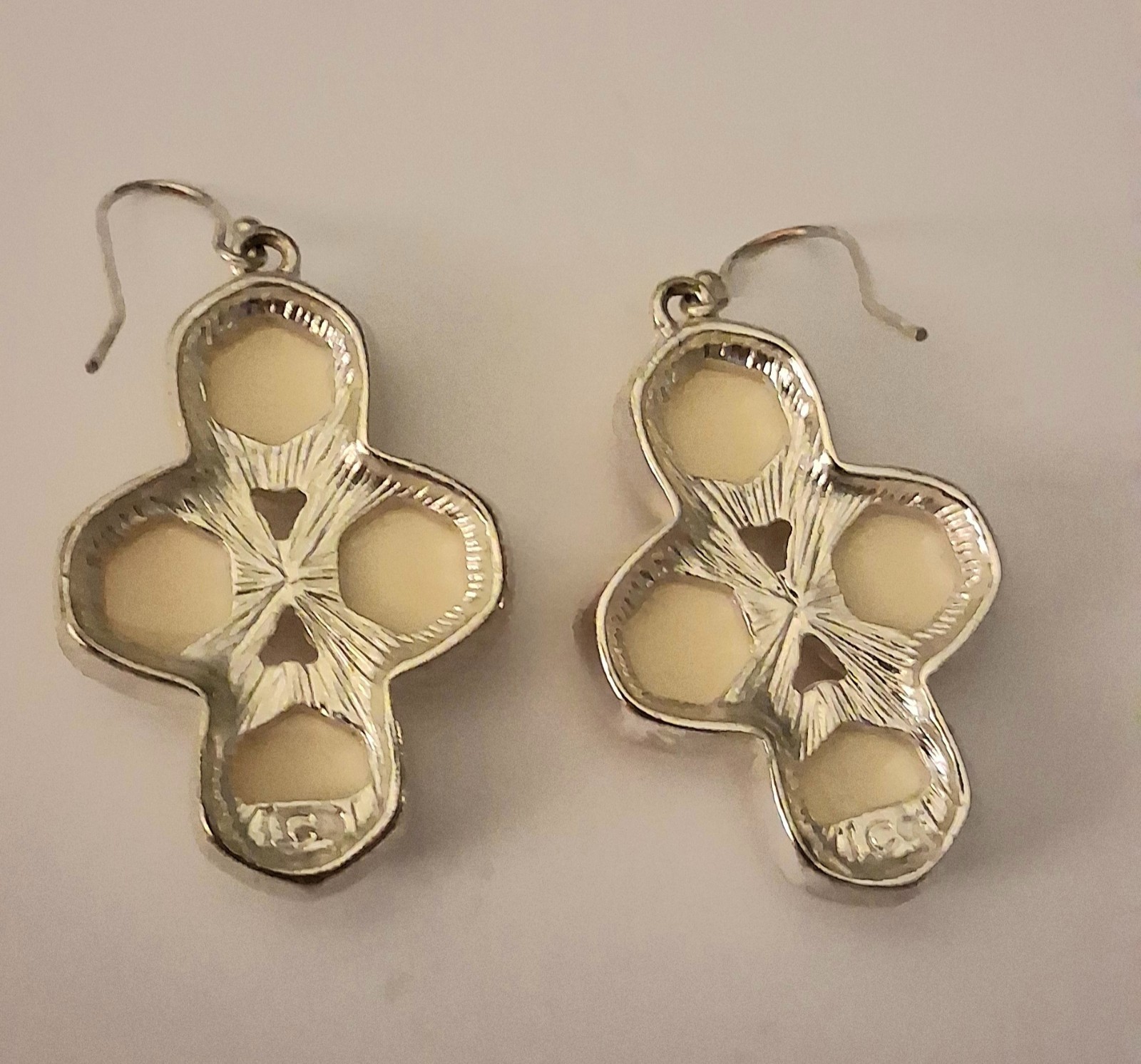 Silver Tone Flower Dangle/Drop Hook Earrings Bezel Set Round Cream Stones.