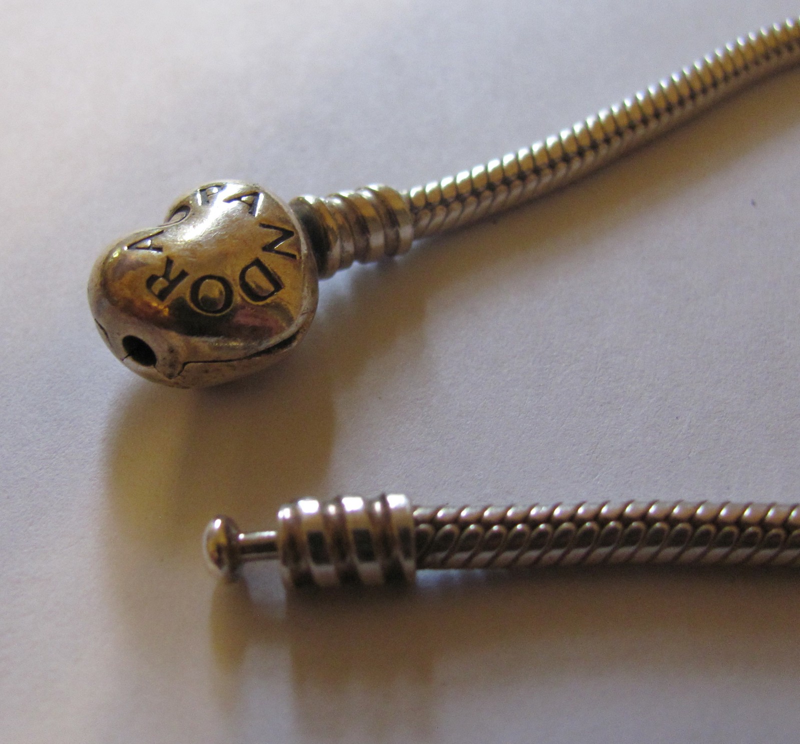 Pandora Sterling Silver Heart Clasp Snake Chain Bracelet #590719 Long 7.9 inches