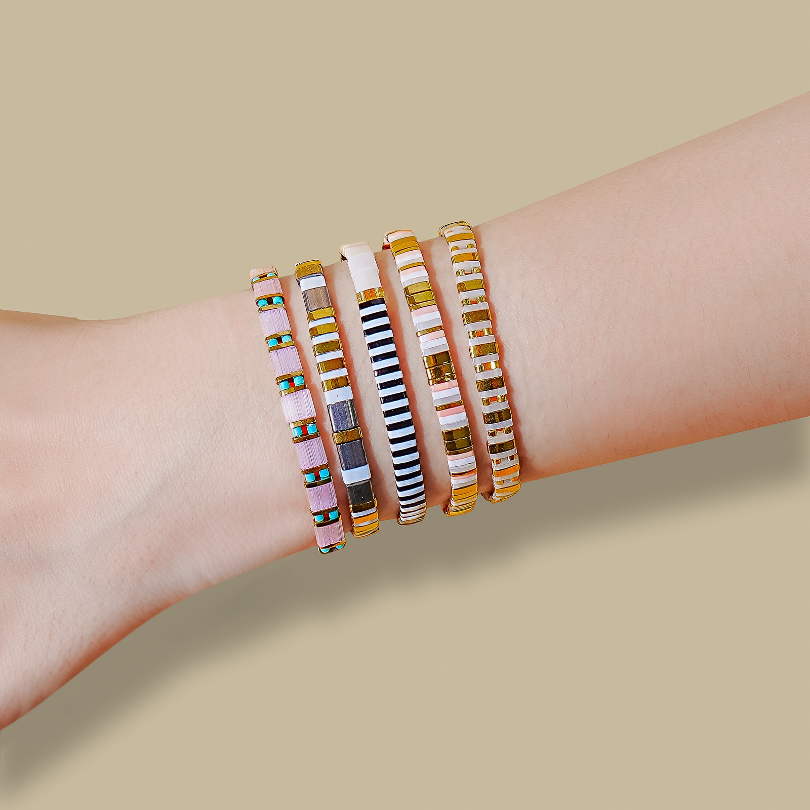 Tile Tila Bracelet,Stackable Boho Glass Bead Bracelets,Summer Jewelry-DESERT