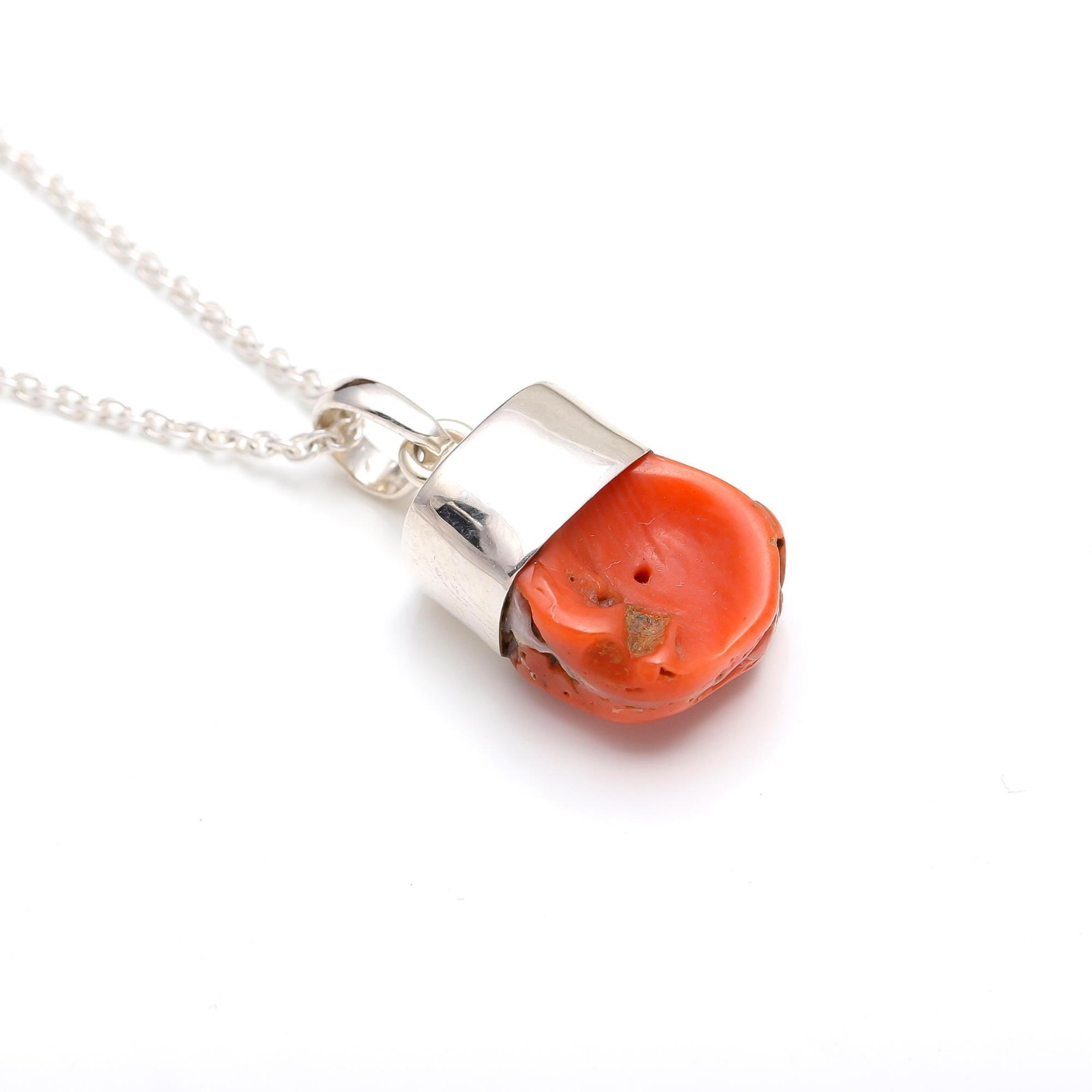 100% Natural Italian Red Coral Rough Chain Pendant 925 Sterling Silver Jewelry