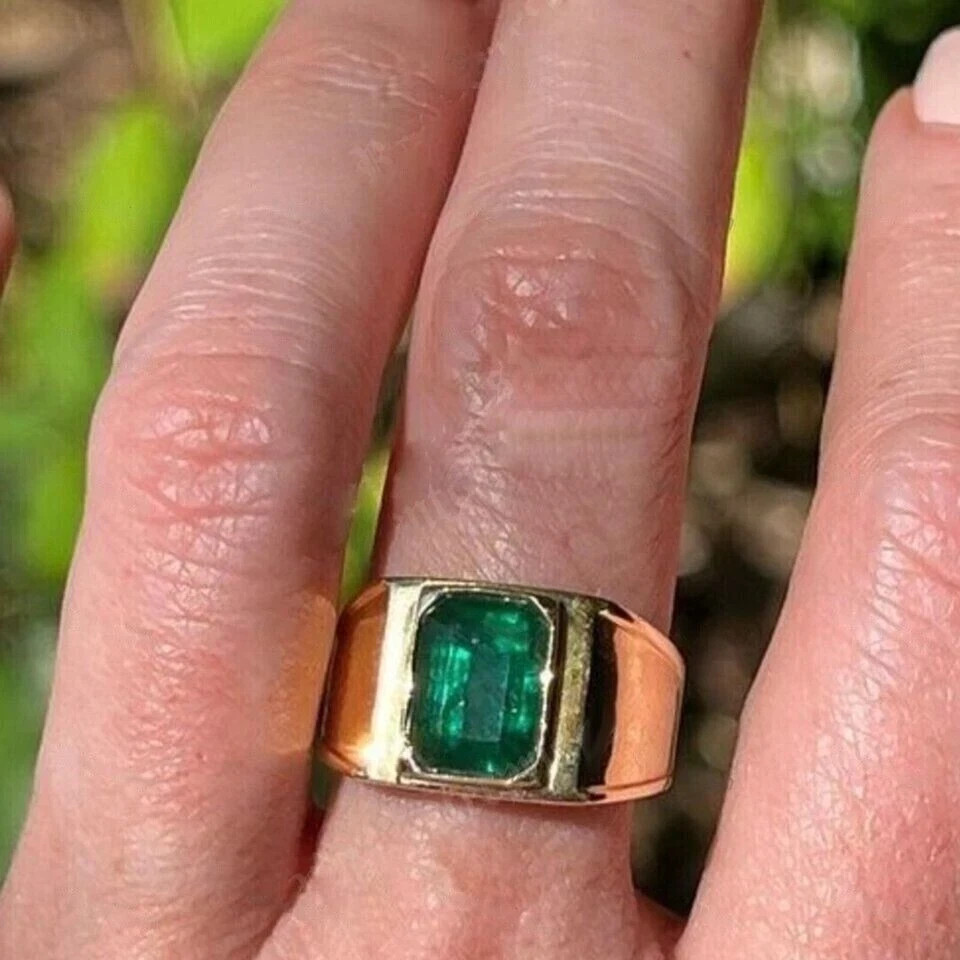 2CT Men’s Certified Natural Emerald Bezel Engagement Ring Solid 14K Yellow Gold