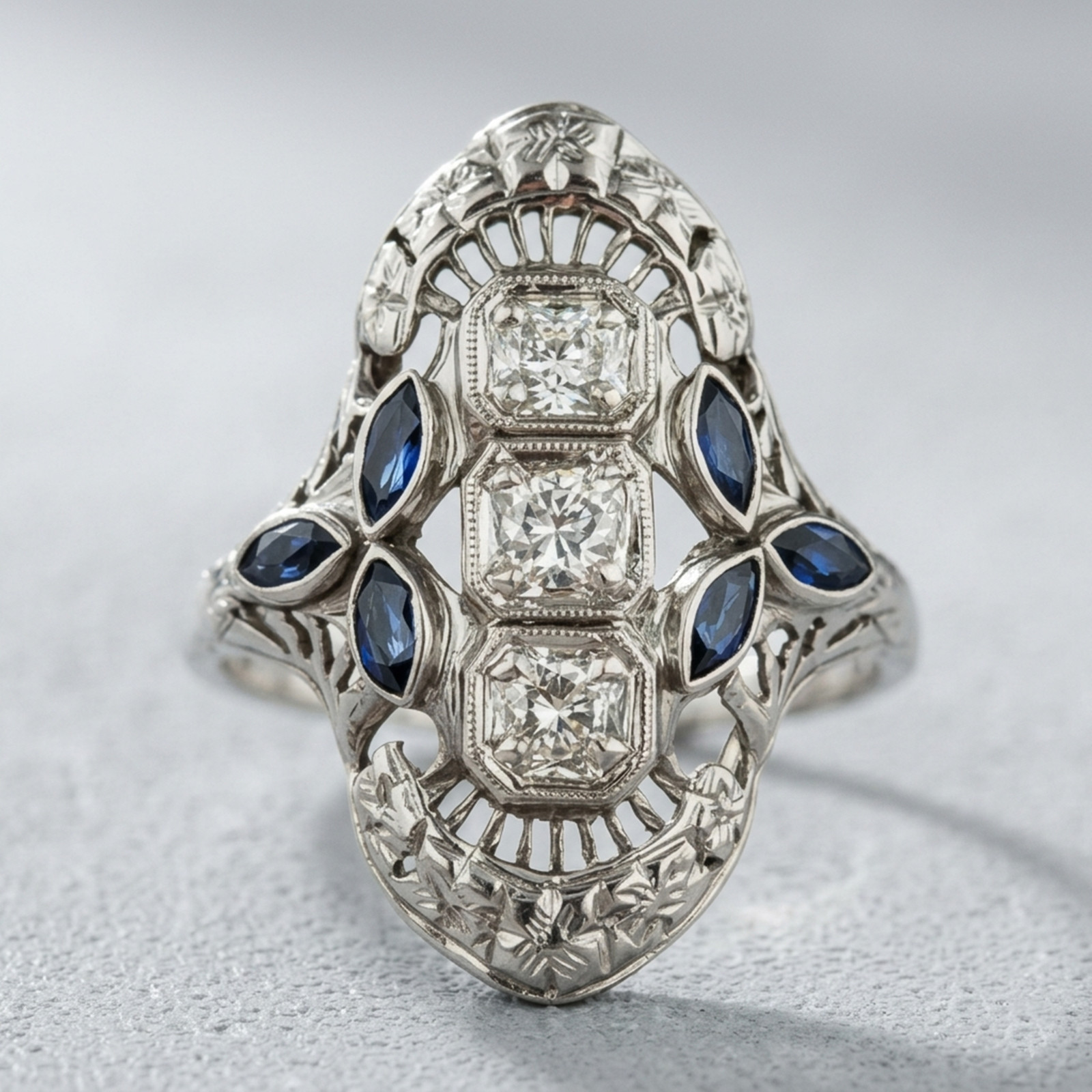 Round Cut Simulated Diamond 14K Gold Edwardian Three Stone Filigree Dinner Ring
