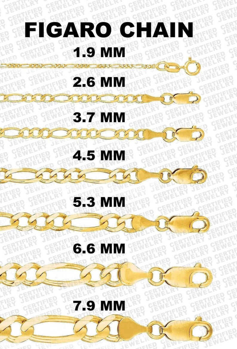 Solid 10K Yellow Gold Figaro Chain, 7″ – 30″ Inch, 2mm – 8mm Thick Gold Chain
