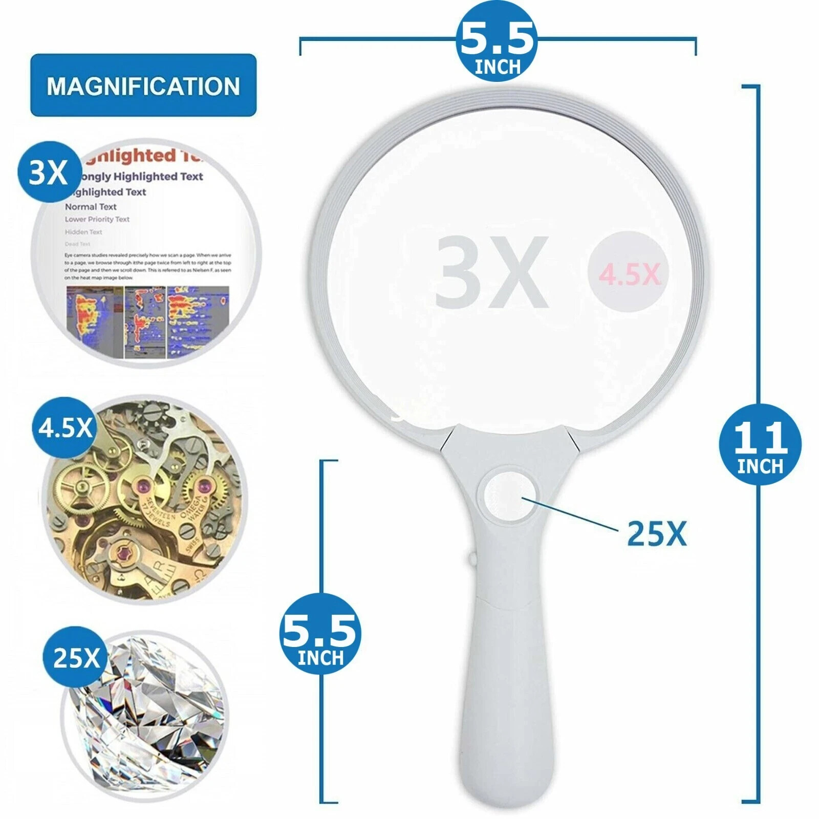 45X Magnifying Glass Handheld Magnifier 3 LED Light Reading Lens Jewelry Loupe