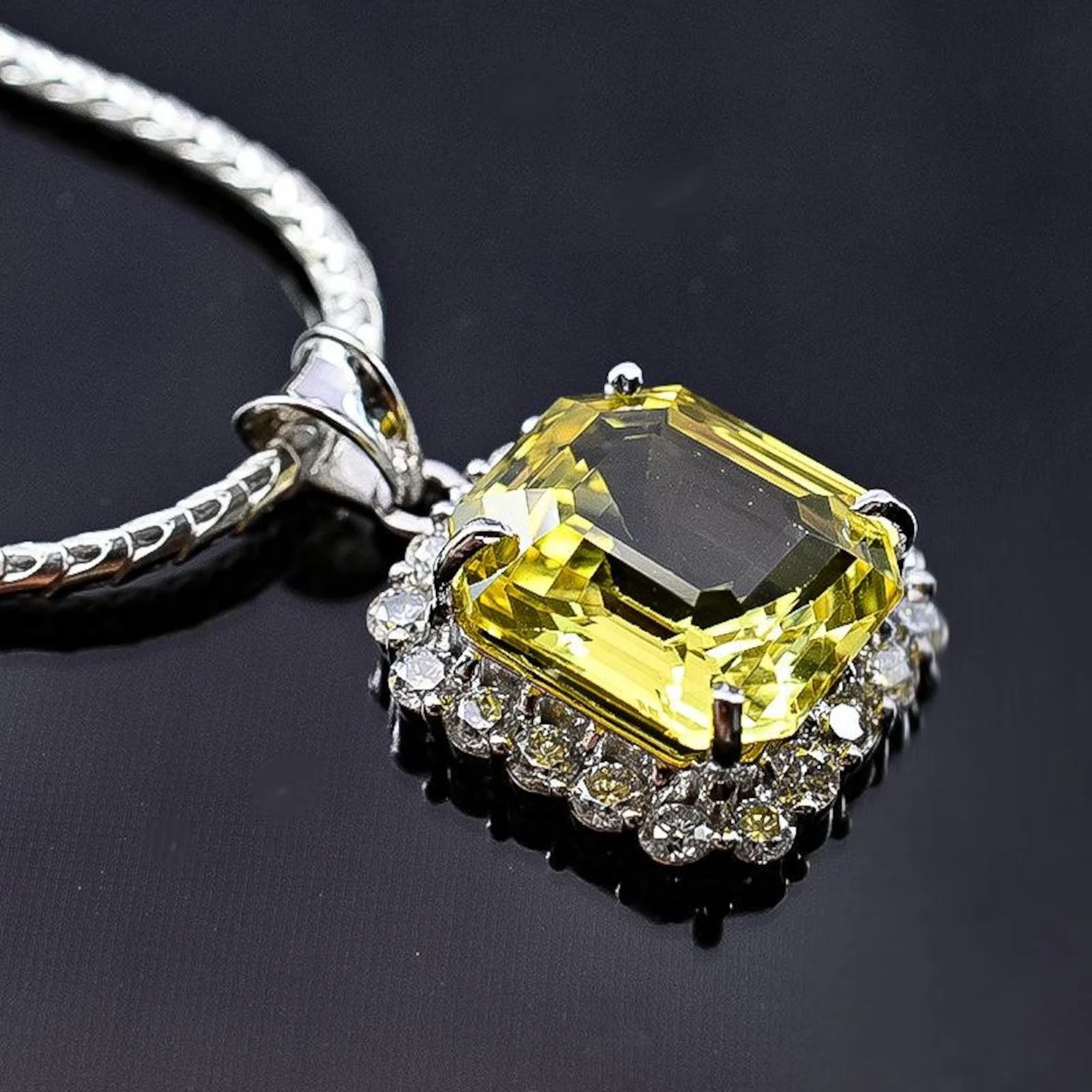 EGL Certified Emerald Cut Yellow Sapphire Pendant with Zircon Halo & Chain