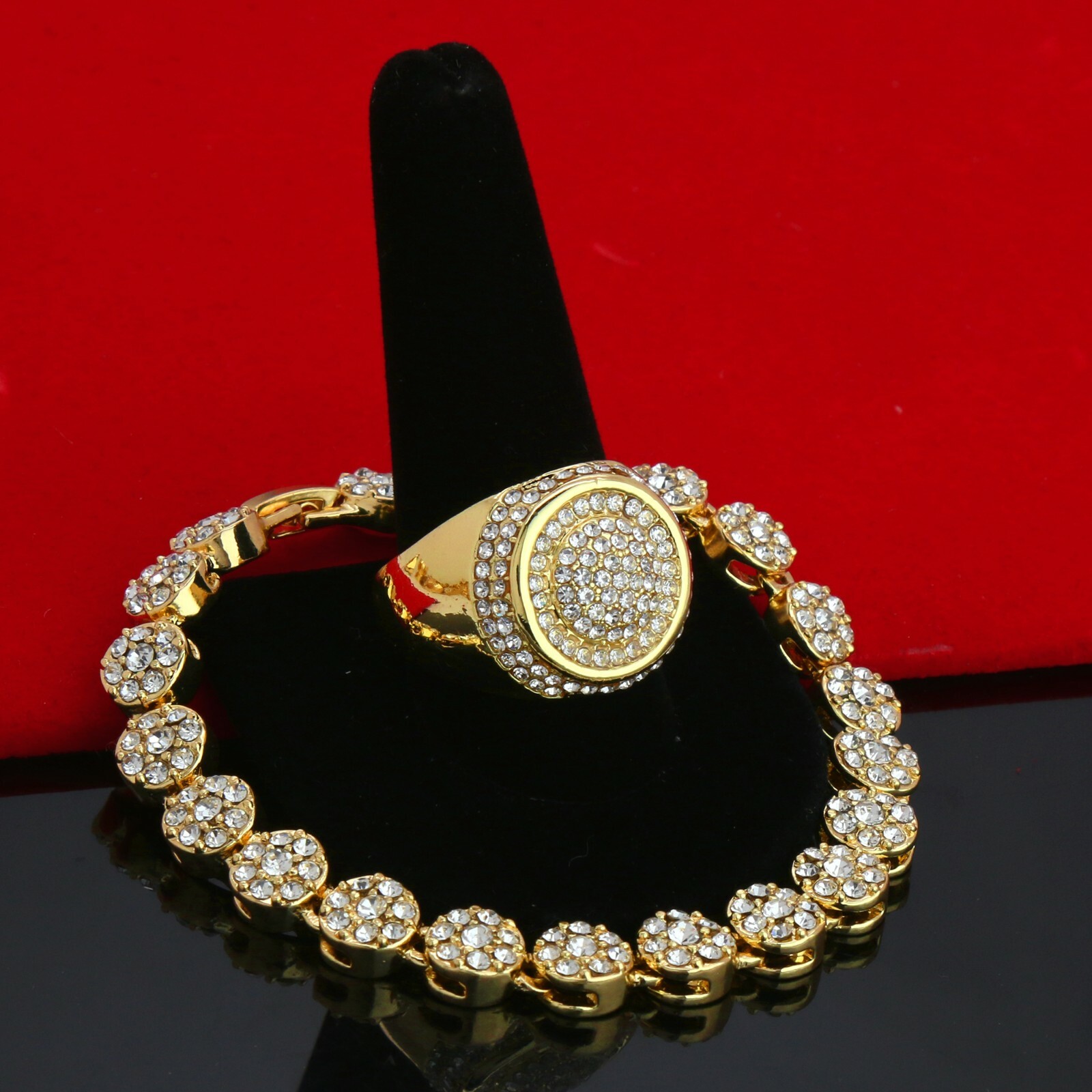 Men’s Gold Plated Iced Cubic-Zirconia Hip-Hop Round Flower Bracelet Round Ring