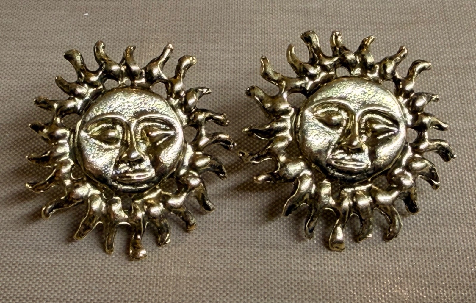 Vintage Brass Celestial Sun Face Post Earrings 31mm NOS Bright Gold 1 Pair Jewel