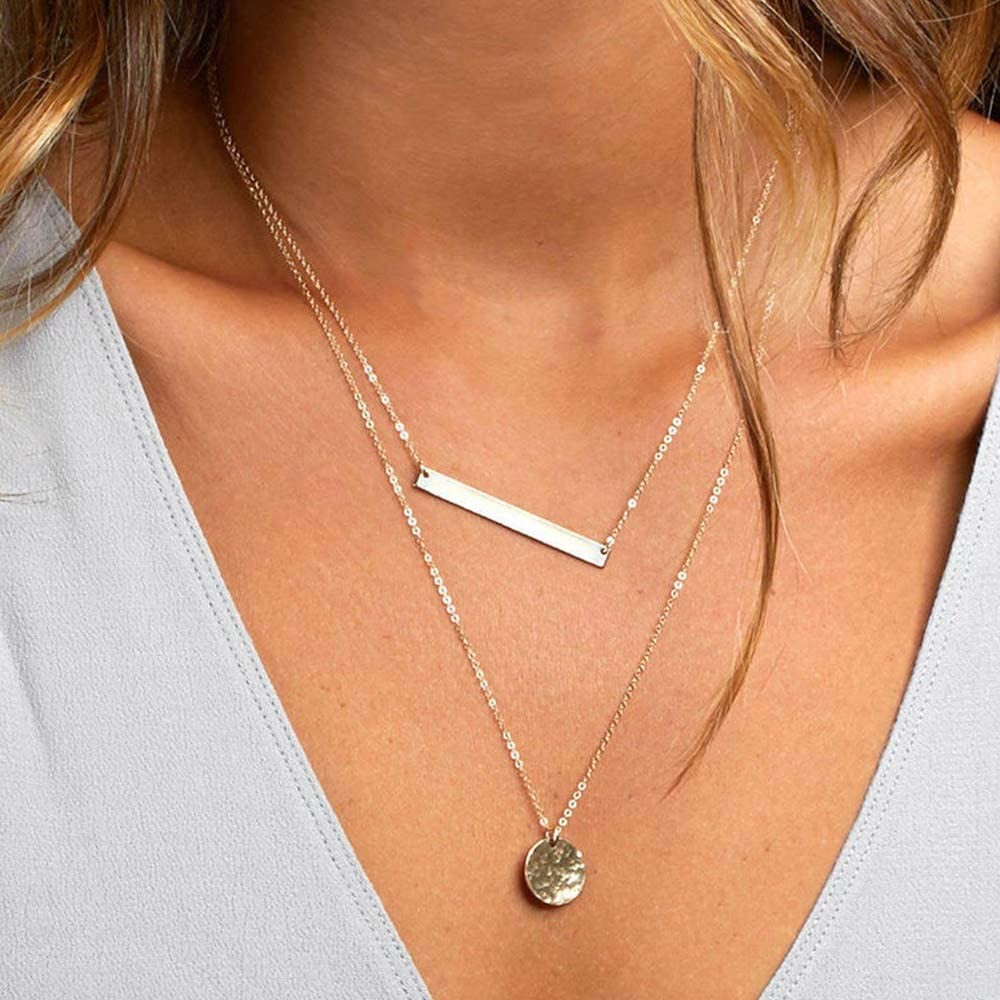 Turandoss 3 Layered 16+18+23 Inch, “3PCS – simulated Pearls&Bar&Hammered Disc