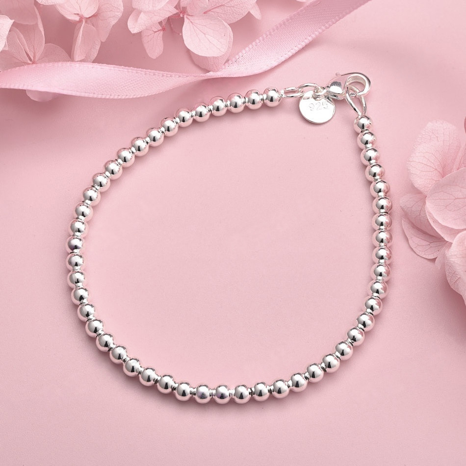 4 mm Beaded Balls 925 Sterling Silver Plated Bracelet Lobster Clasp