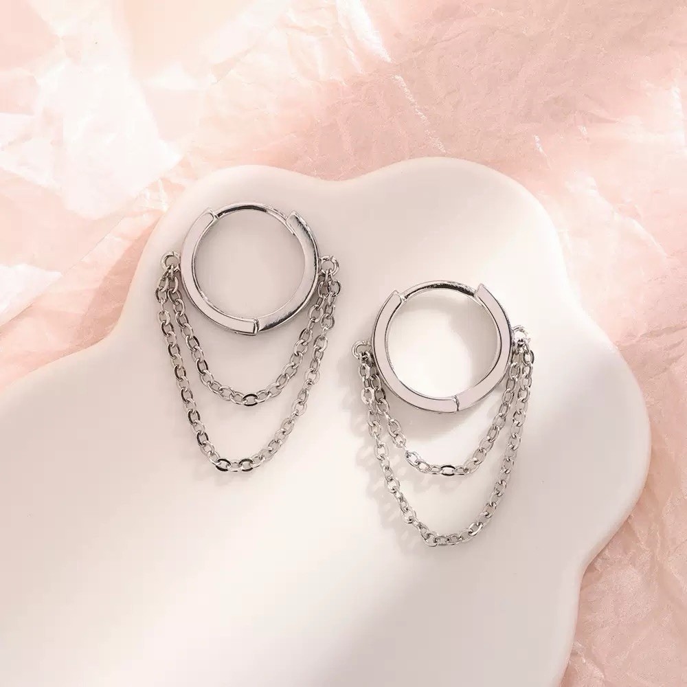 925 Silver Chain Huggie Hoop Earrings Dangle Double Chain Drop Earrings 087