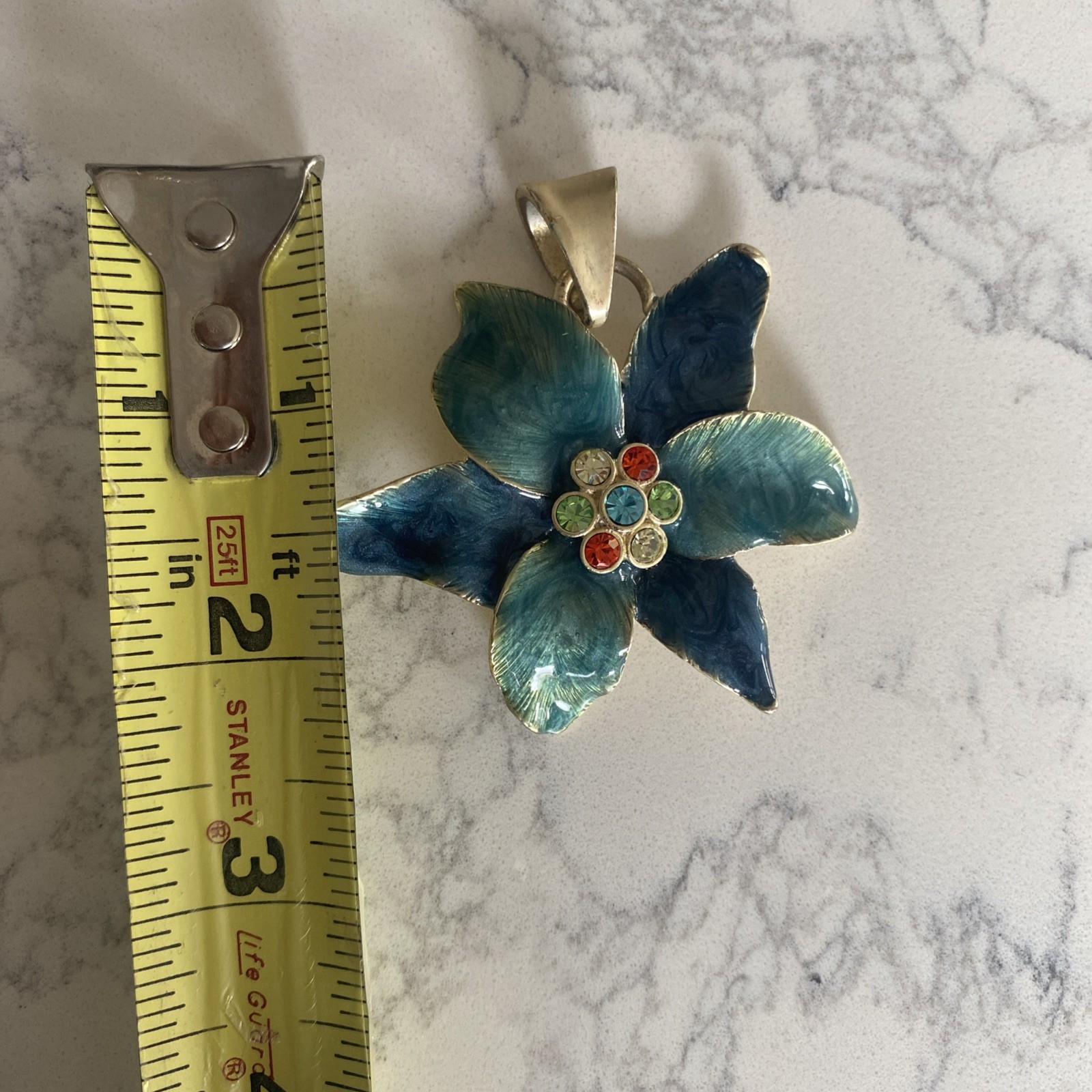 Vtg Enamel Flower Pendant – Blue Green – Gold Tone Back 7 multi color crystals