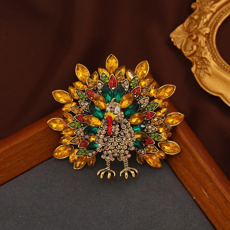 Vintage Retro Yellow Crystal Thanksgiving Turkey Roast Brooch Pin Jewelry Gift