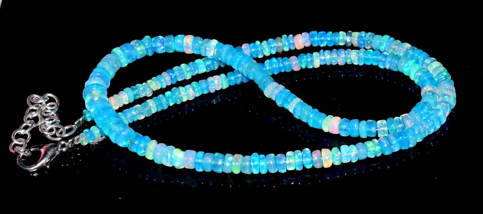 Bead Necklace 16″Natural Ethiopian Blue Opal Wello Fire Opal Gemstone F3991