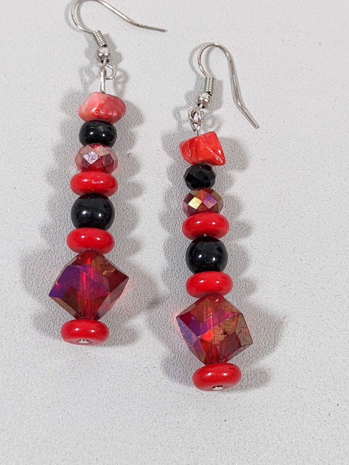 Artisan Red Black Stone Glass Stacked Bead Dangle Hook Earrings