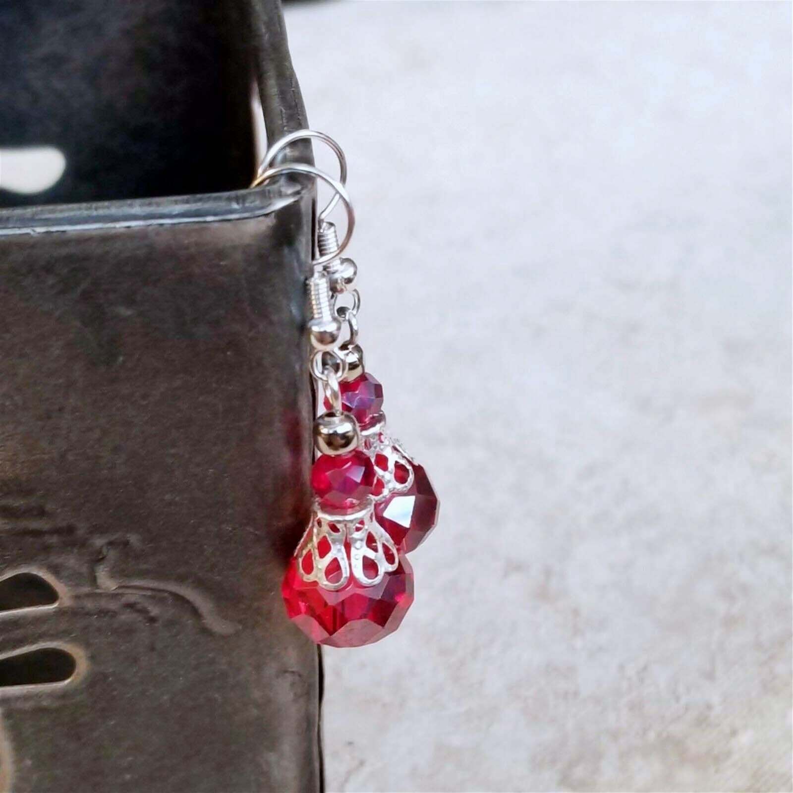 Victorian Red Crystal Silver Filigree Basket Handcrafted Earrings