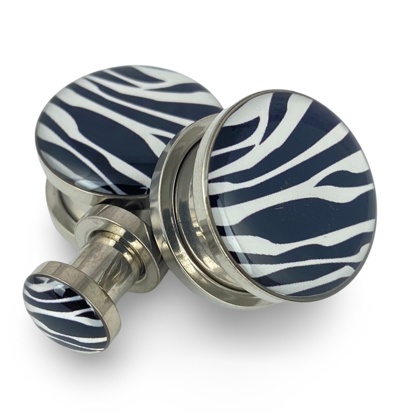 Pair of Screw on Zebra Print Picture Plugs gauges 16g thru 1 inch