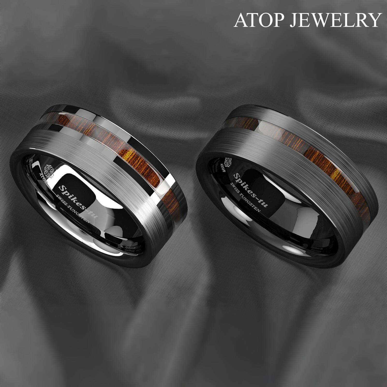 8mm Black/Silver Tungsten Carbide Ring Off Center Koa Wood ATOP Wedding Band
