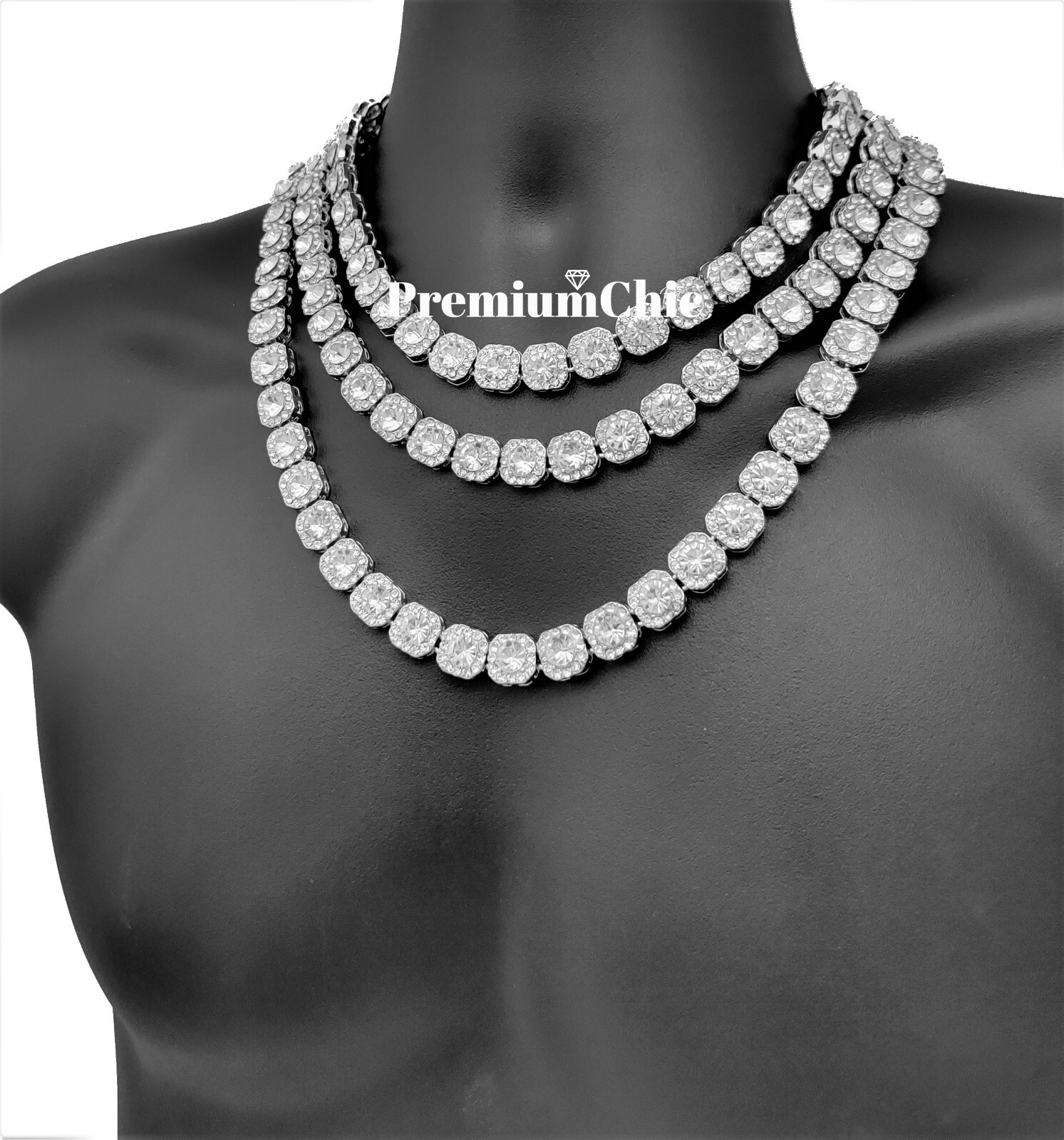 Iced Baguette Cluster Tennis Chain Necklace Plated CZ Men HipHop Fashion Jewelry
