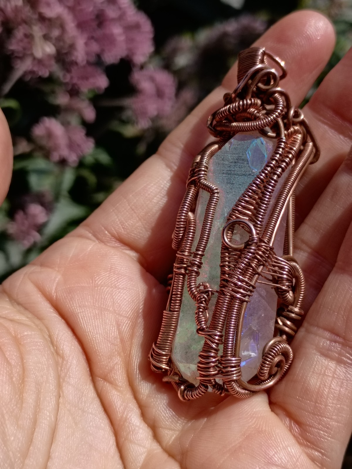 Angel Aura Quartz Crystal Wire Wrap double terminated Copper Pendant Necklace