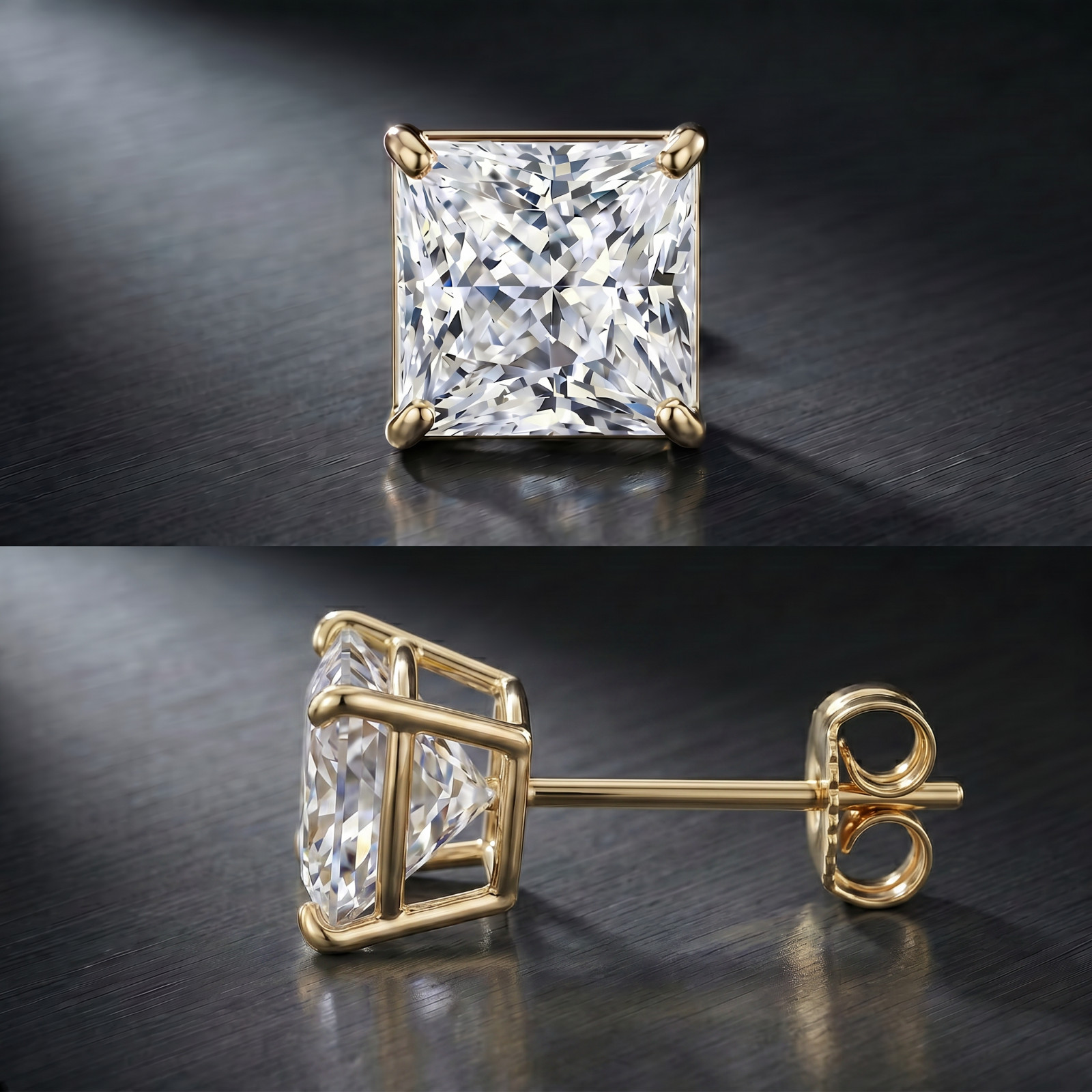 14K Solid Gold Square Princess Cut Cubic Zirconia Basket Push Back Stud Earrings
