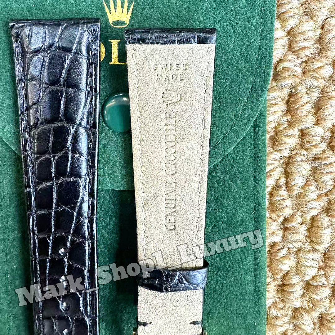 ROLEX Black Crocodile Leather Watch Strap Band 20-16mm Gold Buckle NOS Vintage