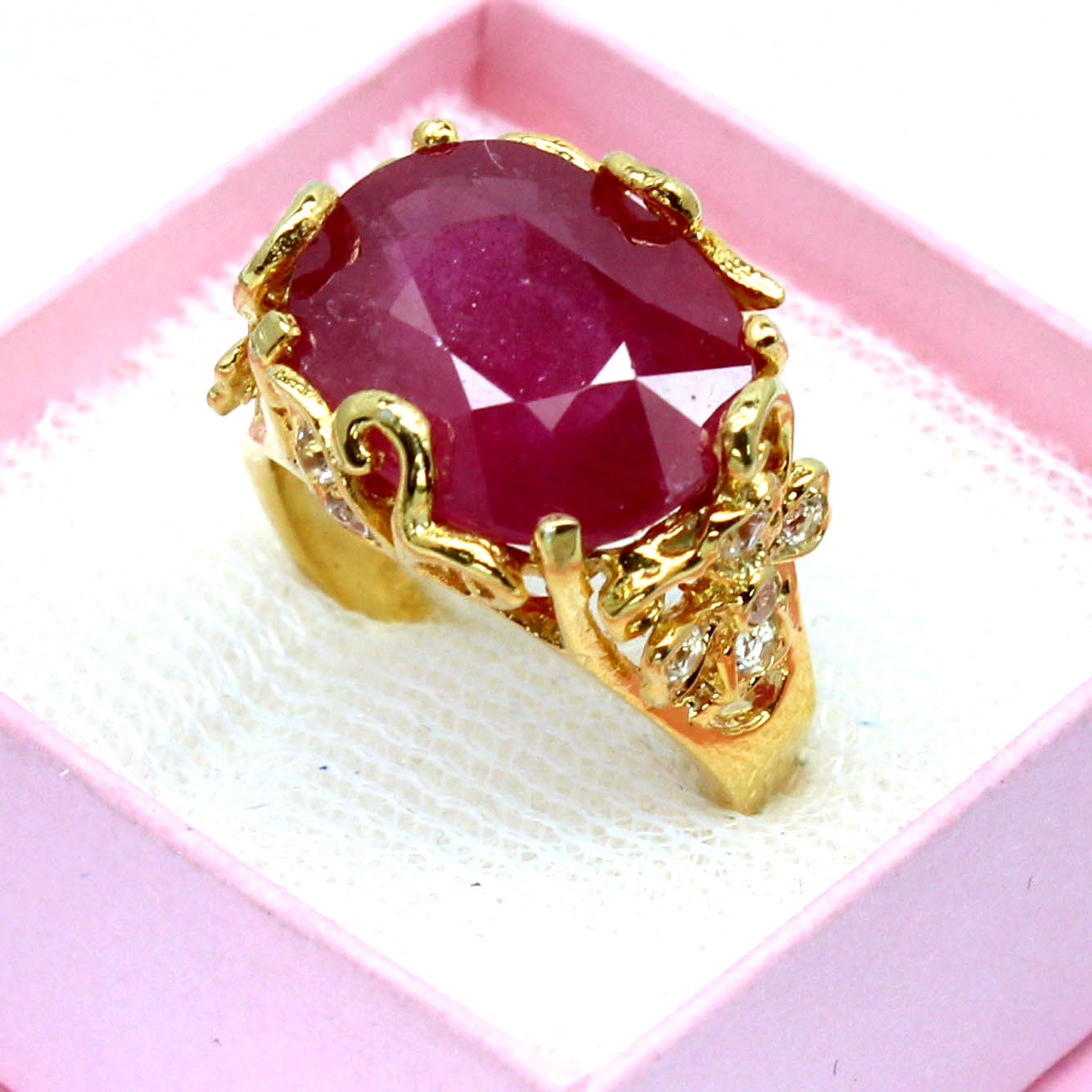 925 Sterling Silver 12 x 15 MM. Red Ruby White Zircon Ring Size 6.75