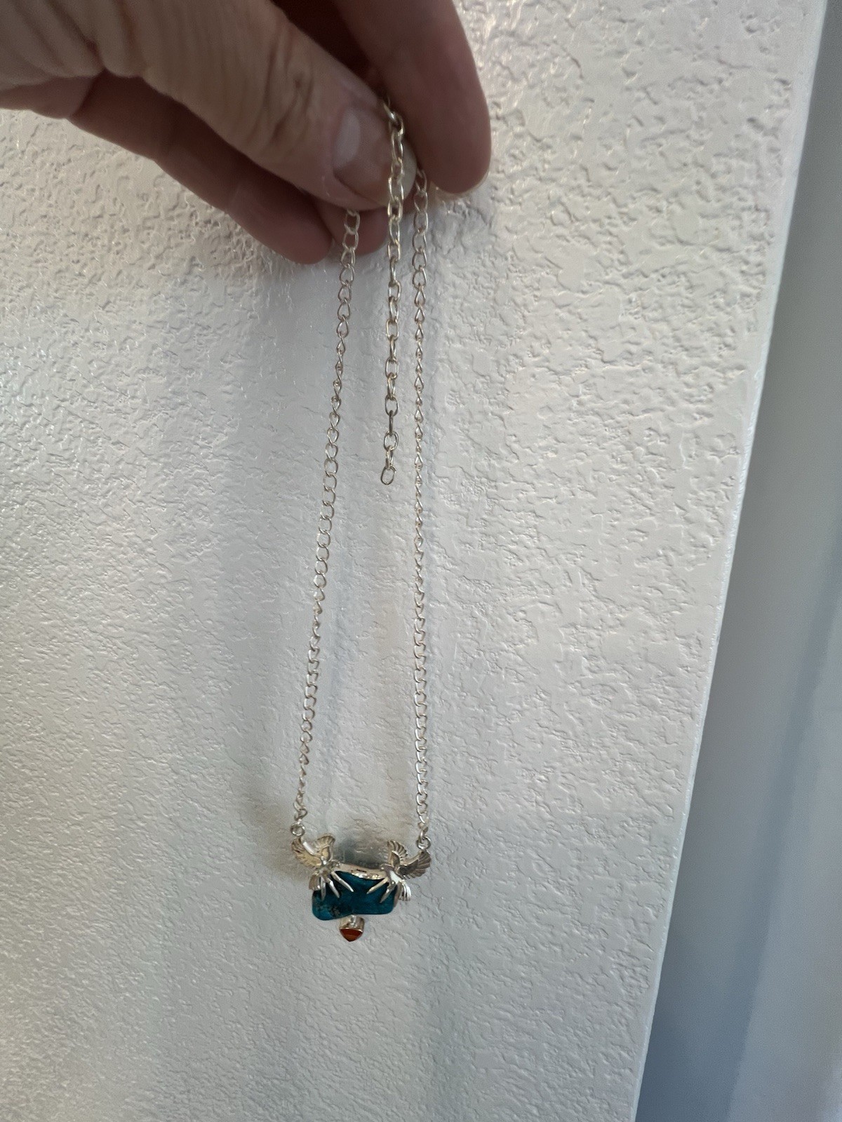 Sterling Silver Chain Necklace Bird Pendant Turquoise Stone Red Charm