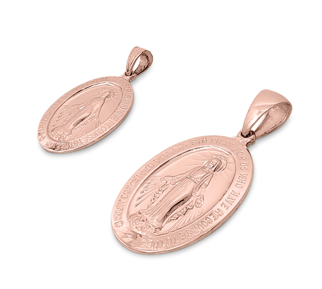 Solid 10K Rose Gold Miraculous Medal Virgin Mary Pendant, 0.9″ or 1.1″, Catholic