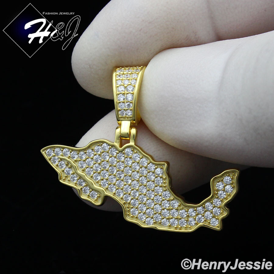 MEN 925 STERLING SILVER ICY CUBIC ZIRCONIA GOLD PLATED MEXICO MAP PENDANT*GP352