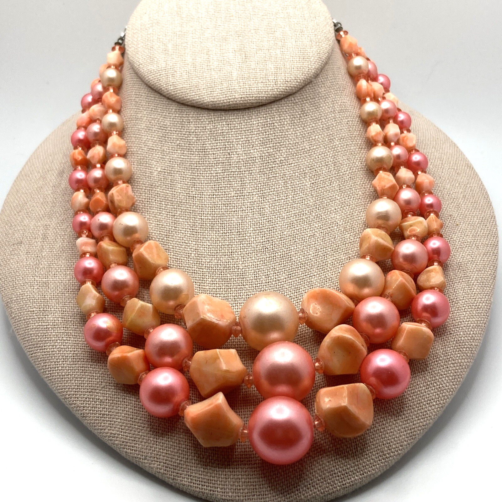 Pink Orange Triple Strand Graduated Necklace Irregular Bead Vintage Japan B141