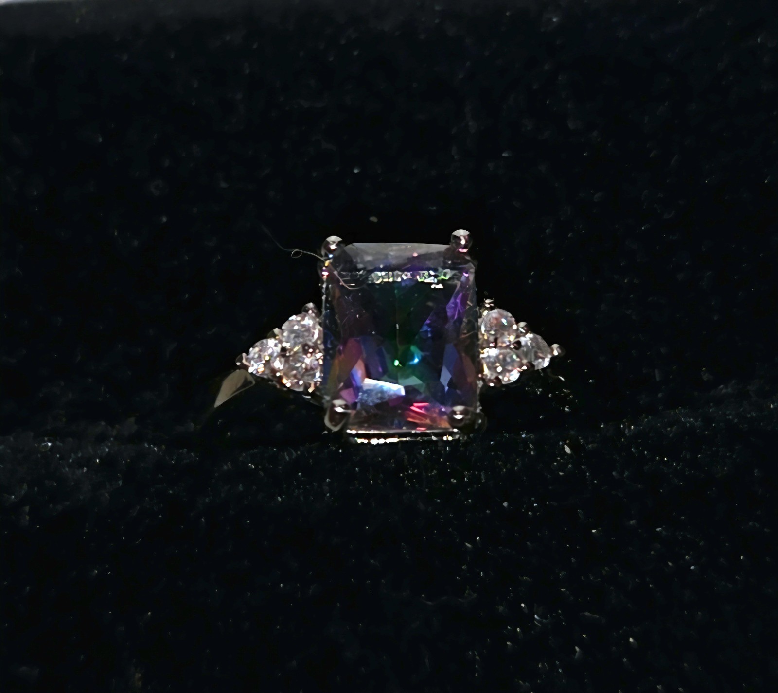Sterling 925 Emerald Cut Multi Mystic Topaz Size 7 Ring w/6 Clear Accent Stones