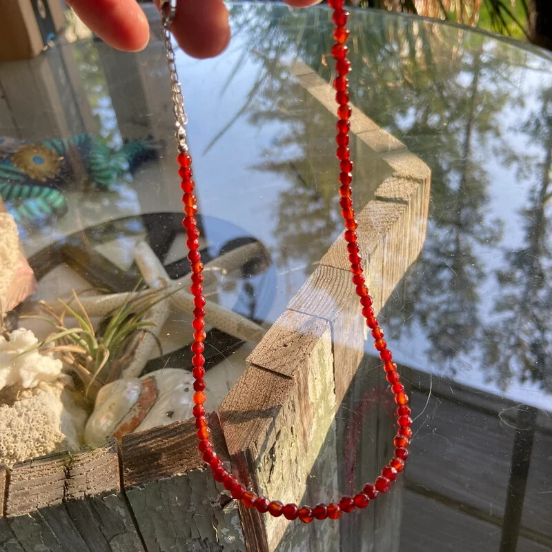 Handmade Carnelian Choker Necklace Tiny 2mm Beads, Sterling Silver Adjustable