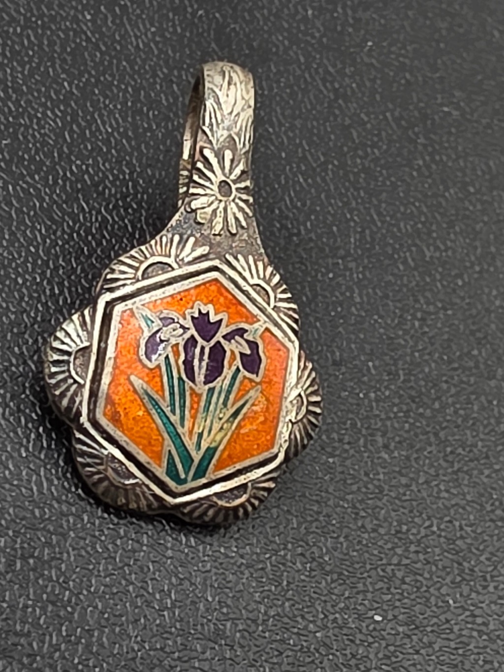 Vintage Sterling Silver Enamel Iris Floral Pendant Marked Art Nouveau Style