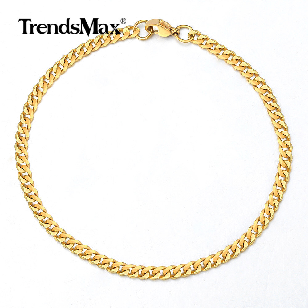 3mm Men Chain Gold Plated Stainless Steel Curb Cuban Necklace or Bracelet 7-30”