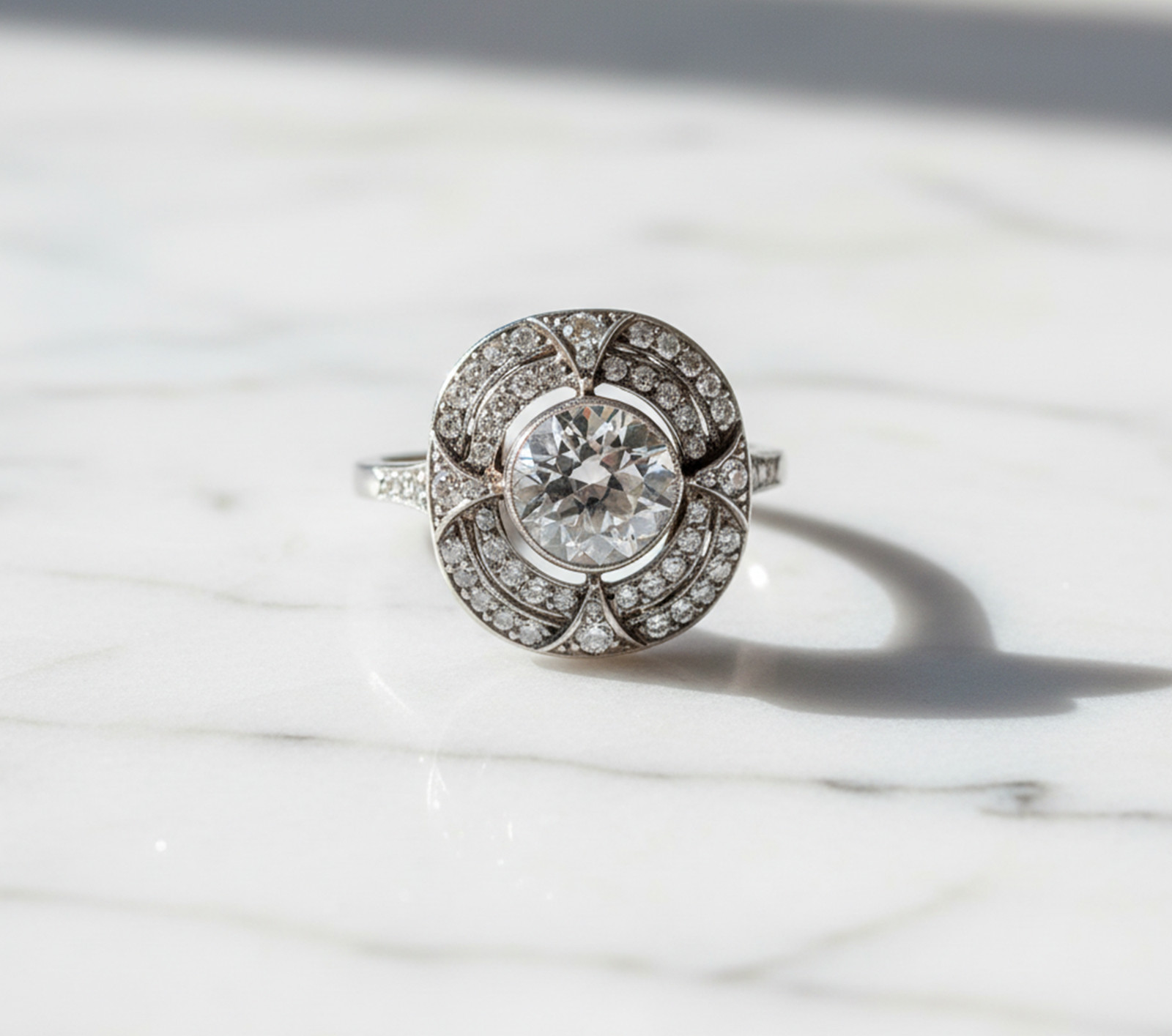 Old European Cut Simulated Diamond 14K Gold Art Deco Bezel Set Engagement Ring