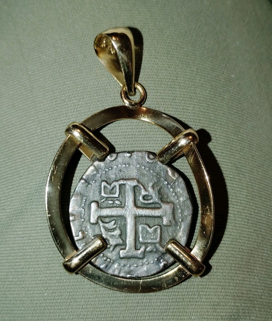 Museum Quality Atocha Replica Coin In Gold Over 925 Silver Pendant