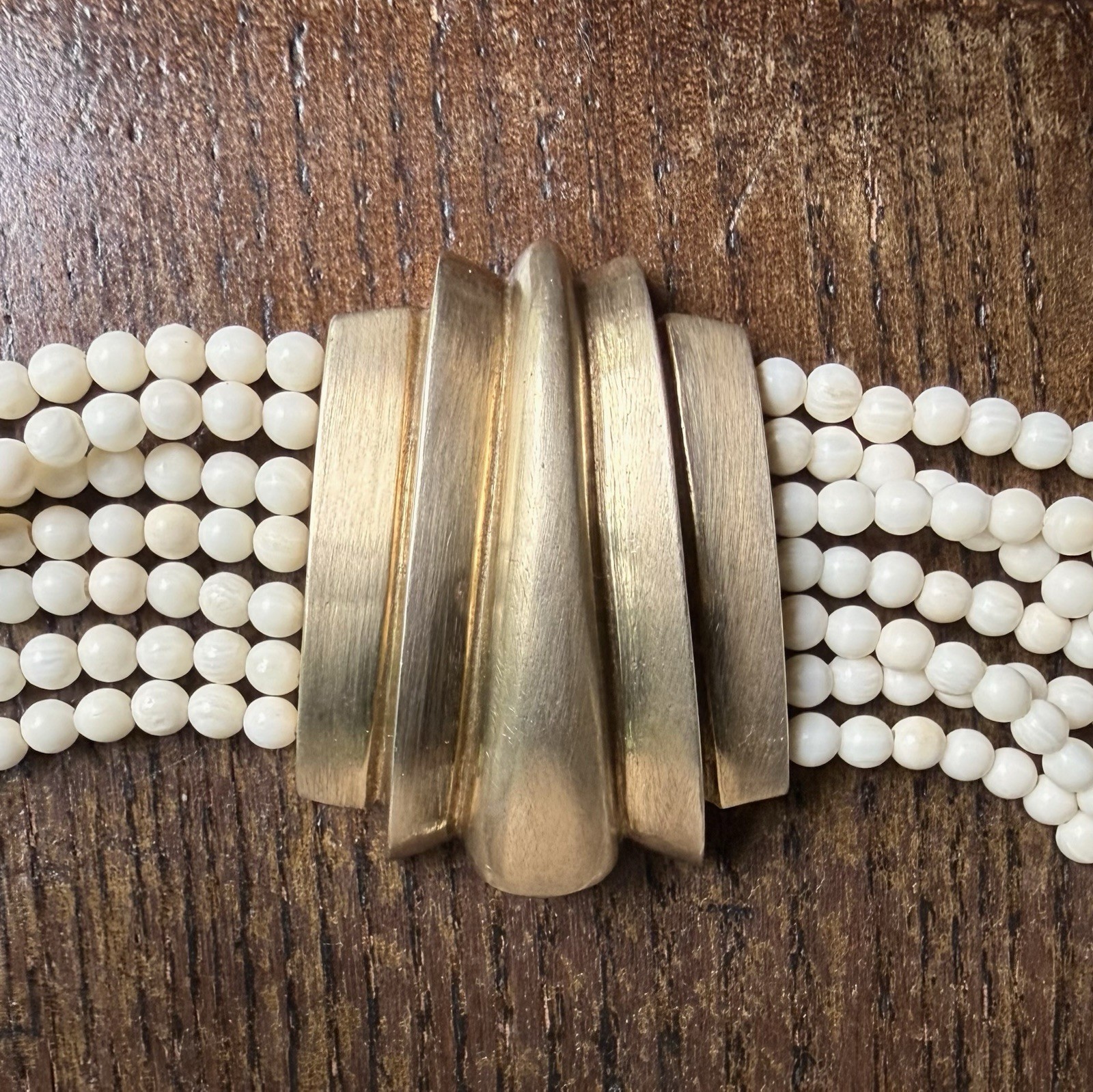 Vintage Gilt Sterling Bone Bead Multi Strand Modernist Necklace