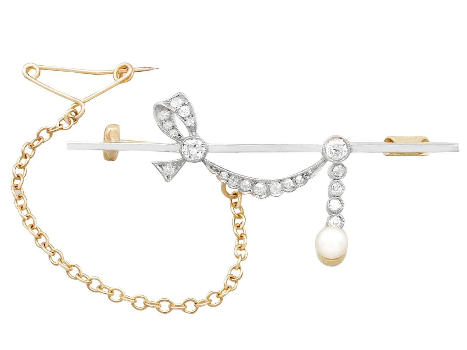 Antique 0.52Ct Diamond and Pearl, 18k Yellow Gold Brooch Circa 1890