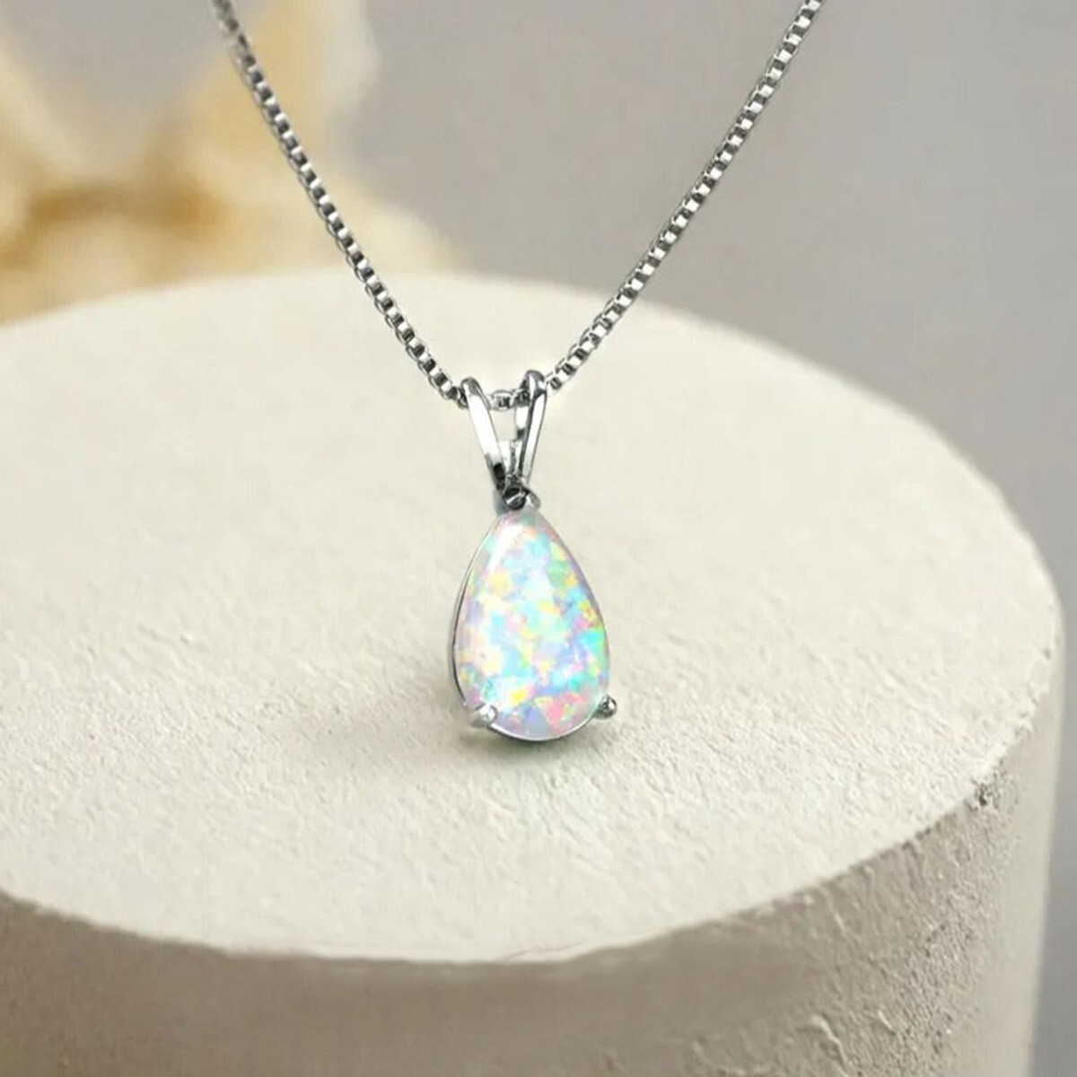 Opal Pendant Sterling Silver – Minimalist Teardrop Fire Opal Dainty Necklace