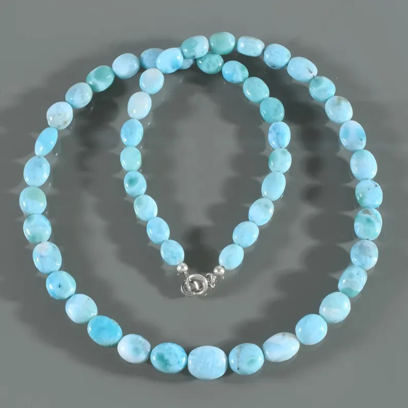 Natural Blue Larimar 4X6mm Beaded Necklace 925 Sterling Silver Handmade 18″ Gift