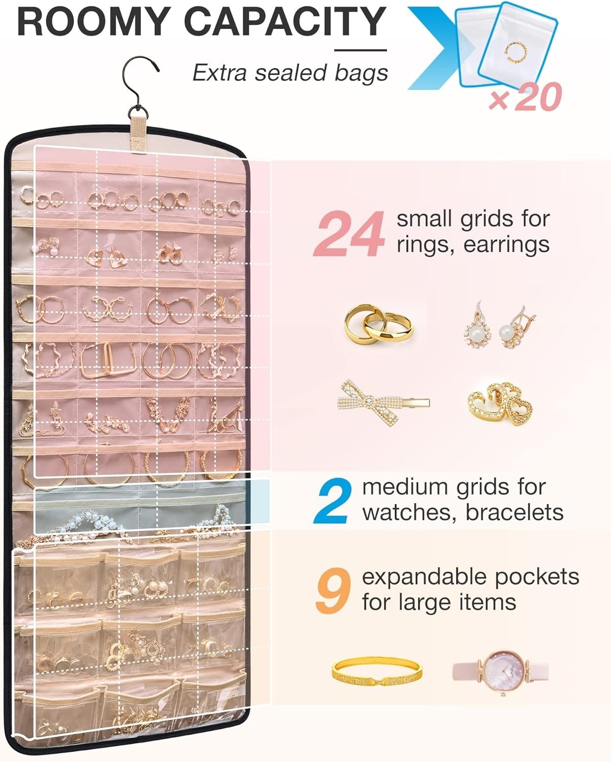 Hanging Jewelry Organizer with 32 Transparent Pockets and 20 Anti-tarnish Bags