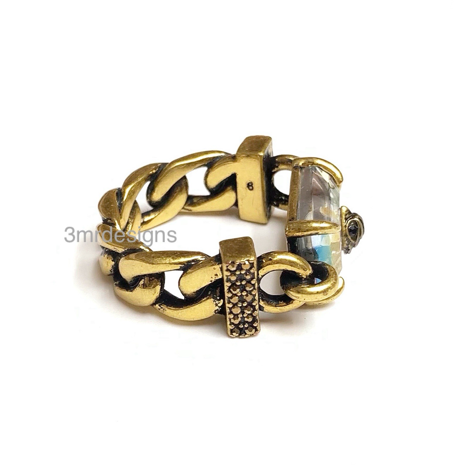 NIB KURT GEIGER EAGLE HEAD Antique Gold Tone Iridescent Crystal Ring-Sz.9