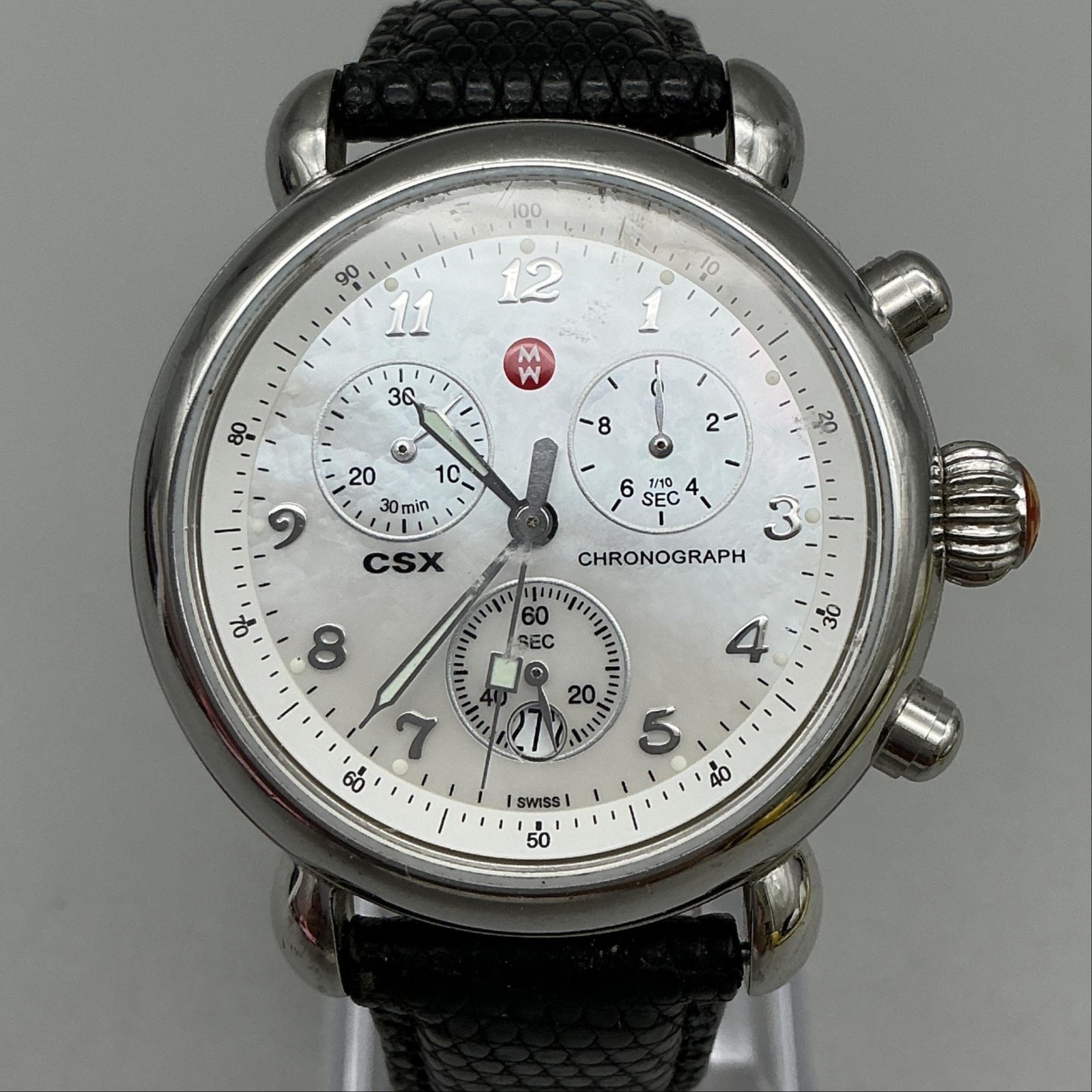 Michele CSX Chronograph Womens Watch 36mm MOP Leather Swiss Leather New Battery